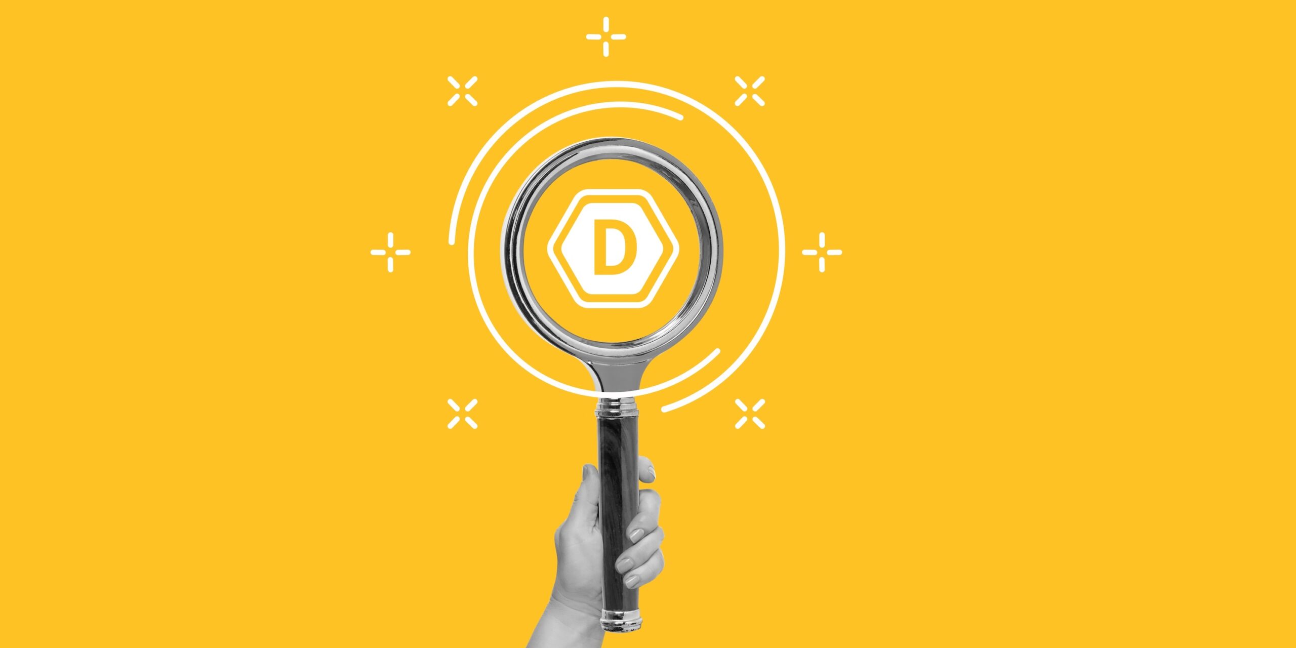 Vitamin D concept. Search for products or dietary supplements high in Vitamin D. Hand with a magnifying glass and icon Vitamin D. Minimalist art collage